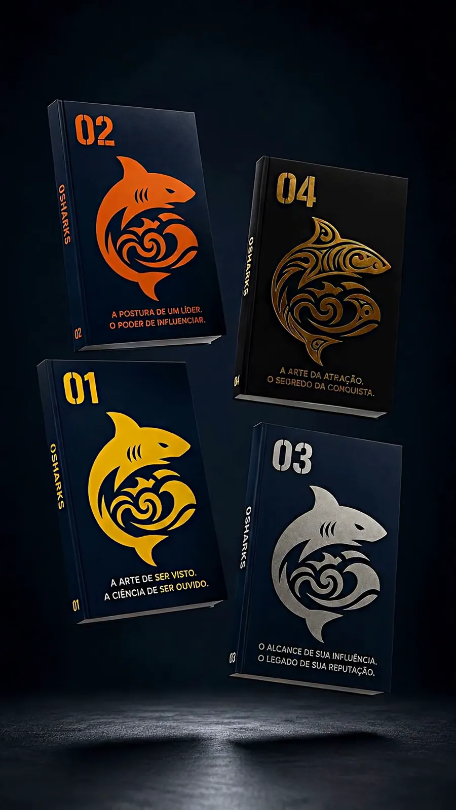 Os quatro volumes da quadrilogia OSHARKS posicionados lado a lado.